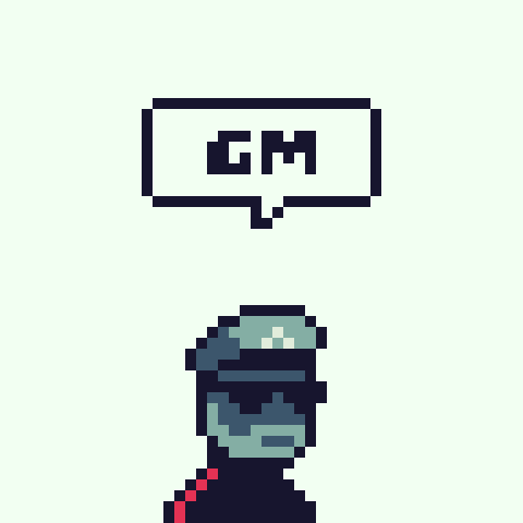 A pixel art image of a character wearing a hat with a speech bubble displaying the letters "GM" (a common crypto greeting).