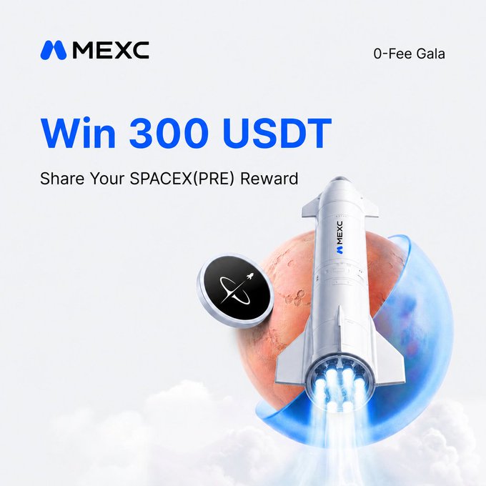The image features a rocket ship flying through space, with a planet visible below it. The text on the image reads "Win 300 USDT Share Your SpaceEX(PRE) Reward". The background of the image is white, which contrasts with the blue sky in the background and makes the rocket ship stand out. The post also mentions that there are 15 winners who have been rewarded for their participation in a contest or campaign.