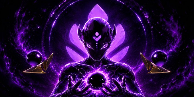 A purple and black digital illustration of a cosmic or demonic figure with glowing eyes, surrounded by swirling purple energy and a lotus-like symbol, holding a dark orb with golden geometric objects floating nearby.
