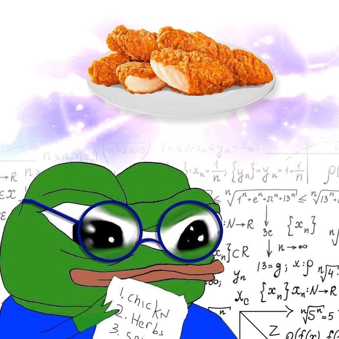 A Pepe the Frog meme with sparkly anime-style eyes and glasses stares at a plate of golden fried chicken while clutching a list reading "1. chickn 2. Herbs 3. Spi..." against a backdrop of math equations—visually punning on the "$TENDIES" (slang for profits/gains) referenced in the post about the crypto token's small-cap run.
