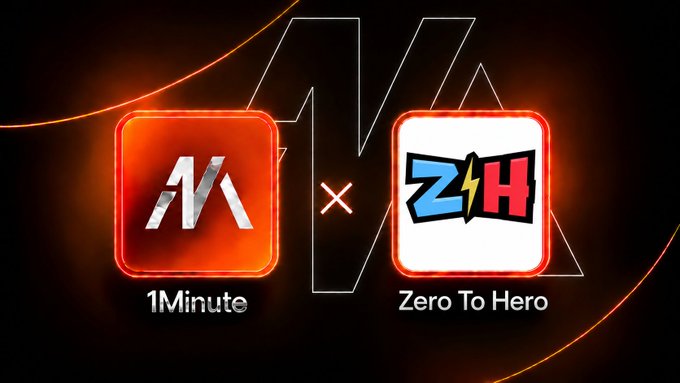 A collaboration graphic between '1Minute' and 'Zero To Hero' brands displayed with their respective logos on red and white square backgrounds against a dark setting.
