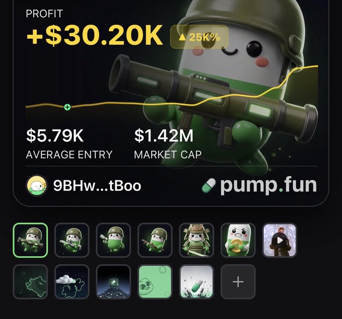 A pump.fun trading dashboard showing a profit of '+$30.20K' (25K%) for a token '9BHw...tBoo' with a $1.42M market cap, featuring a green character holding a rocket launcher.
