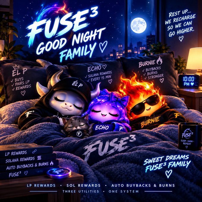 A promotional graphic for 'FUSE³' shows cartoon characters named Elp, Echo, and Burnie sleeping in bed under the text 'FUSE³ GOOD NIGHT FAMILY', advertising features like LP Rewards, Solana Rewards, and Auto Buybacks & Burns.
