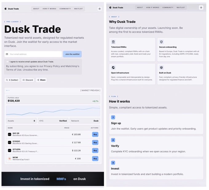 "DUSK Trade is launching soon tokenized Real-World Assets on the Dusk Network! Trade stocks, ETFs, funds, MMFs & certificates with digital ownership, real on-chain composable yield, and full interoperability built in". The image shows a screenshot of the Dusk Trade website. There are two different tabs visible on this screenshot - one is active and focused on the content about how to invest in DuskTrade, while the other tab displays information related to tokenized assets, such as shares, funds, ETFs, and certificates with digital ownership or real composable yield. The image highlights that Dusk Trade offers tokenized Real-World Assets for investors who want to participate in this market, providing them with immediate access to various asset classes they can invest in.