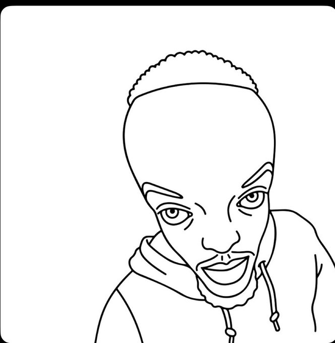 A black-and-white line drawing of a person with short hair wearing a hoodie.
