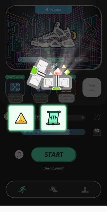 A mobile screen displays a STEPN gaming interface featuring a "Walker" sneaker NFT with stats including "+1.25 EGG" and various gem attributes, alongside upgrade options (a yellow triangle and a green scroll icon) and a green "START" button. The image relates to the "#STEPN" summer bonus post by showcasing the move-to-earn app's gameplay screen where users can start walking sessions to earn rewards.