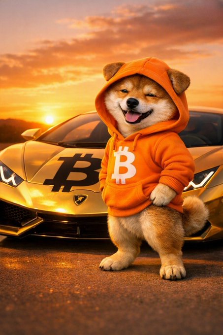 A digital illustration depicts a smiling Shiba Inu dog wearing an orange hoodie featuring a white Bitcoin (₿) symbol, standing in front of a gold Lamborghini adorned with a large black Bitcoin logo at sunset.