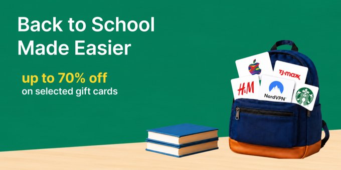 The image features a green background with the text "Back to School Made Easier" and "up to 70% off on selected gift cards." A navy blue backpack filled with gift cards from brands like Apple, H&M, TJ Maxx, NordVPN, and Starbucks sits next to a stack of books, visually reinforcing the back-to-school savings promotion with exclusive discounts via KuCoin Pay.