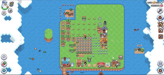 A screenshot of a mobile farming/city-building game featuring a green island with various structures, crops, resource nodes, and a UI with resource counters at the top.