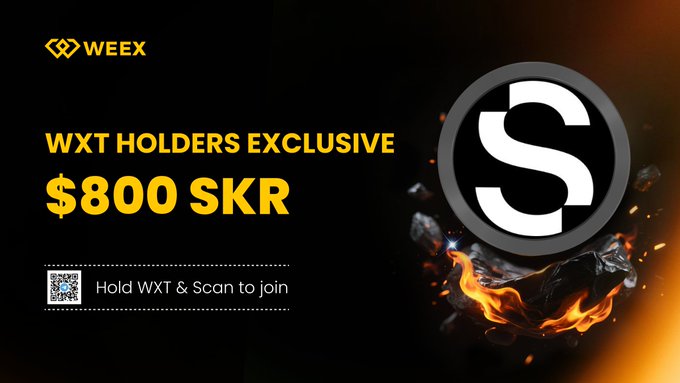 A WEEX promotional graphic offering an $800 SKR (Solana Mobile) reward exclusively to WXT holders, featuring the Weex logo, a large "S" emblem surrounded by flames and embers, and a QR code with instructions to "Hold WXT & Scan to join."