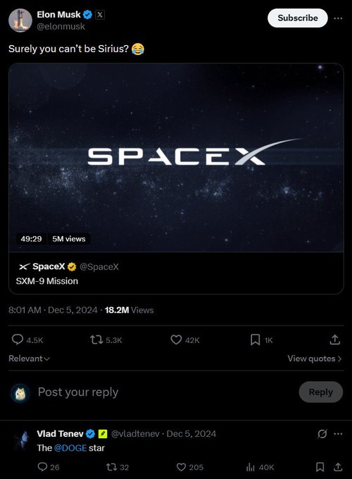 A screenshot of Elon Musk's X post featuring the SpaceX logo with a starry space background, captioned "Surely you can't be Sirius? 😂," quoting SpaceX's announcement of the SXM-9 Mission, accompanied by Vlad Tenev's reply referencing "The @DOGE star." The image humorously connects SpaceX's Sirius satellite mission to the DOGE cryptocurrency hype on Robinhood.