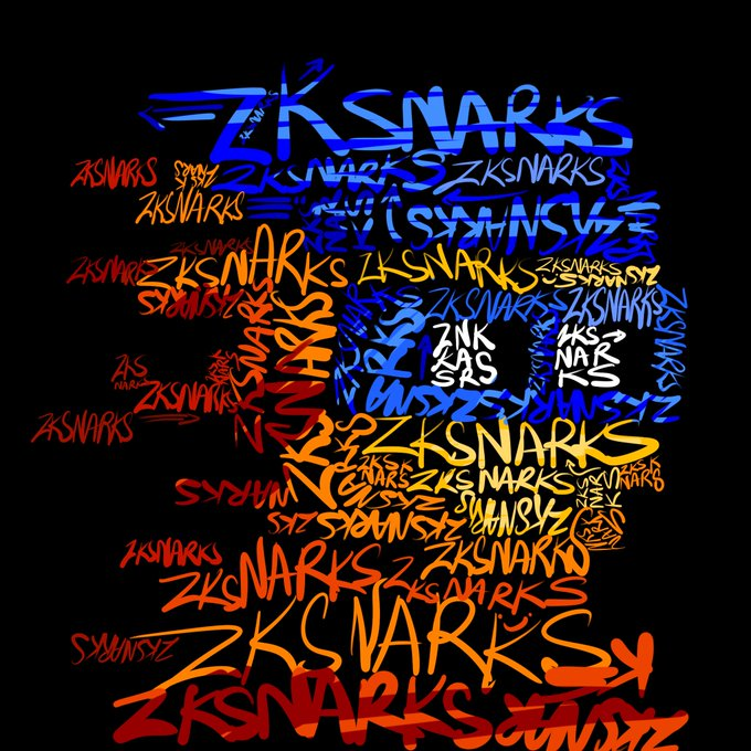A graffiti-style artwork on a black background featuring repeated text of the word 'ZKSNARKS' in blue, orange, red, and yellow stylized lettering forming a face-like composition.