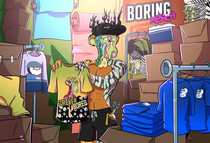 A cartoon illustration from 'BORING Merch' showing a green zombie-like character with flame hair and sunglasses holding up a yellow 'FOREVER BORED' t-shirt in a warehouse full of clothing.