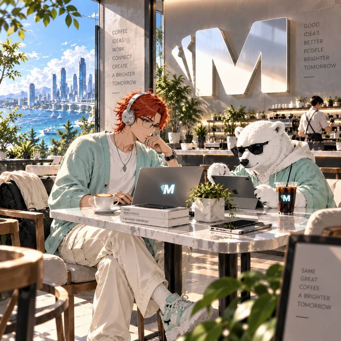 An anime-style illustration of a red-haired boy with headphones working on a laptop alongside a white bear in sunglasses using a tablet, in a bright café setting with a city skyline view and "VM" branding visible.