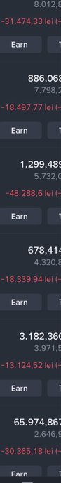 A dark-themed financial dashboard displays a list of numerical figures with negative values highlighted in red and "Earn" buttons next to each entry.