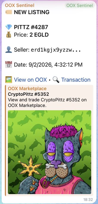 An OOX Sentinel Telegram notification for a new 'PITTZ #4287' listing priced at 2 EGLD by seller erd1kgjx9yzzw, featuring CryptoPittz #5352 artwork.