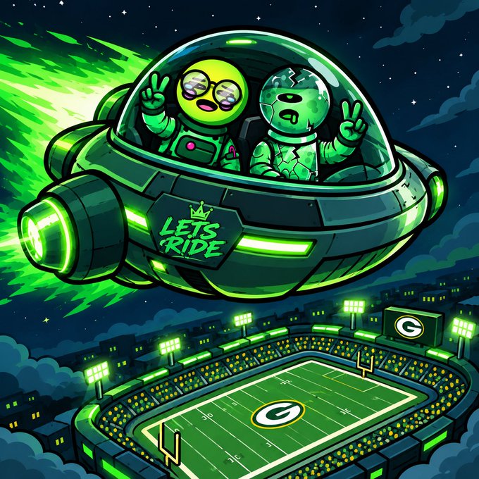 A vibrant cartoon illustration of two green alien characters in a futuristic spaceship flying over a neon-lit football stadium at night, with the text "LET'S RIDE" displayed on the ship.