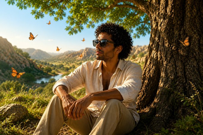 The image shows a man sitting under a tree, wearing sunglasses and a white shirt. There are butterflies flying around him, creating a serene atmosphere. The caption suggests that the man is using his phone for an AI analysis or data collection service, as indicated by the text "Today is so hot but enjoying with butterflies $SLEEP is your access key to the @Sleepagotchi ecosystem. Need to Unlock features? Pay in $SLEEP. Want AI analysis?".