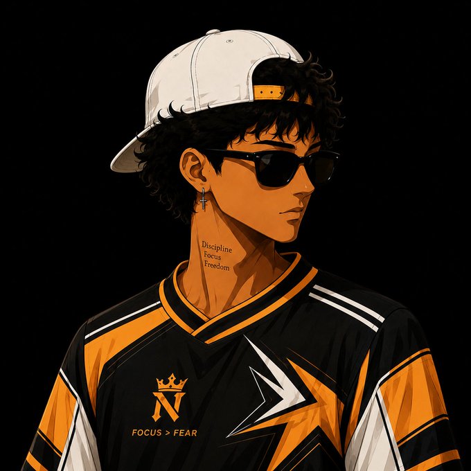 Anime-style illustration of a young man wearing a white backwards cap, sunglasses, and a black/orange esports jersey with 'FOCUS > FEAR' text and a star logo; a neck tattoo reads 'Discipline Focus Freedom'.