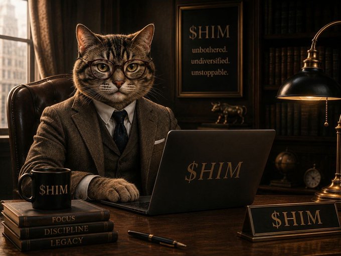 A humorous AI-generated image of a tabby cat in a tweed suit and glasses working at a laptop labeled '$HIM', with a '$HIM' mug, books titled 'FOCUS DISCIPLINE LEGACY', and a framed sign reading '$HIM unbothered. undiversified. unstoppable.'.