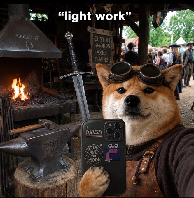 A humorous AI-generated image of a Shiba Inu dog wearing goggles in a medieval blacksmith setting, captioned "light work," holding an iPhone with NASA and "Eye of the Moon" stickers.