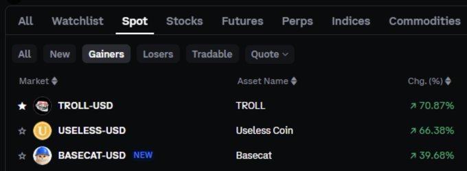 A Coinbase "Spot" market "Gainers" list showing TROLL-USD (TROLL) leading at +70.87%, followed by USELESS-USD at +66.38% and BASECAT-USD (NEW) at +39.68%—visually confirming the post's boast that $TROLL tops Coinbase's gainers ahead of other trending meme coins.