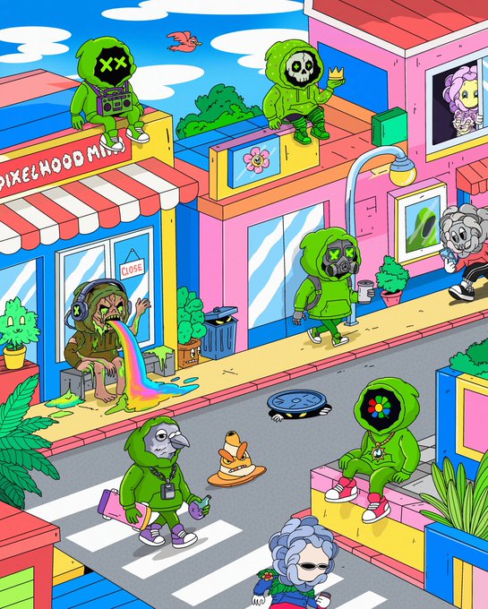 A colorful, surreal cartoon illustration of a street scene with various green-hooded characters, store signs reading 'PIXELHOOD MUS' and 'CLOSE', and a rainbow-vomiting figure.