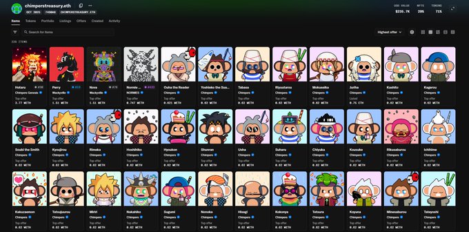A screenshot of the chingentreasury.eth NFT collection on OpenSea, displaying a grid of various Chingen Gorilla and animal cartoon character profile pictures.