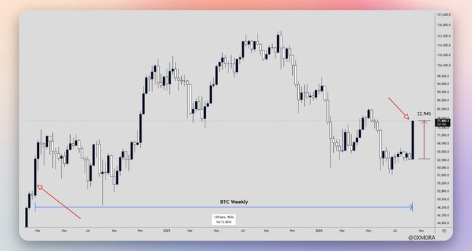 A weekly BTC/USD candlestick chart showing Bitcoin's price action with annotations indicating a 22.94% drop and a long horizontal arrow showing the historical price range from 2024 to 2026. Watermarked '@OXMORA'.