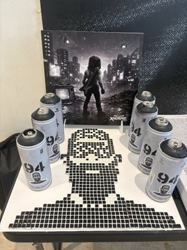 A pixel-art Norman Rockwell-style figure made of black tiles sits on a table surrounded by 94 Energy drink cans, with a framed cityscape artwork in the background. The 10,000 on-chain pixel faces referenced in the post are visually represented by the mosaic-style figure, while the "94" cans and launch date tie into the NormieART project's timeline.