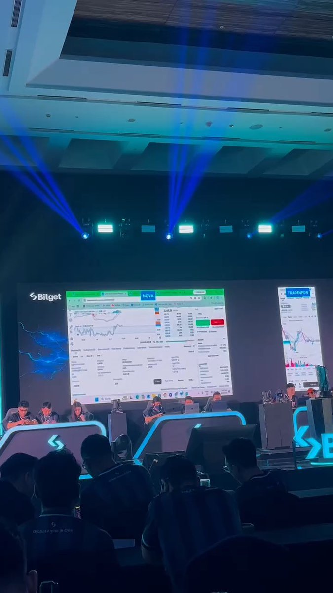 A photo of a Bitget-sponsored crypto trading event featuring a large screen displaying trading charts and platforms like NOVA and TradeApup, with traders seated at desks facing the audience under blue stage lighting.