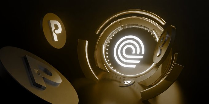 A glowing gold and black circular emblem with a stylized "P" logo sits alongside coin-like discs featuring the same "P" symbol. The luxurious metallic design visually represents the Polkastarter Marketplace brand mentioned in the announcement, complementing the news about ONDO token integration for purchasing collectible packs.