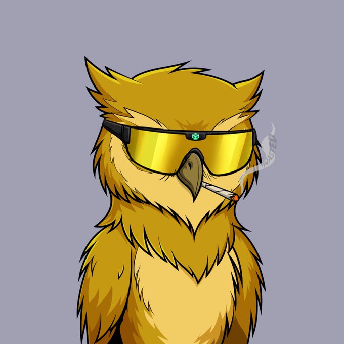 A digital illustration of a yellow-feathered owl wearing large, reflective yellow sunglasses with a green alien emblem, holding a smoking cigarette in its beak.