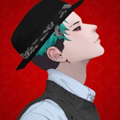An anime-style illustration of a young man with teal-green hair shown in profile against a red background, wearing a black cap, white shirt, and dark vest.