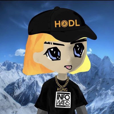 An anime-style character with blonde hair wearing a black 'HODL' cap and an 'INFO WARS' branded black t-shirt, set against a backdrop of snow-capped mountains.