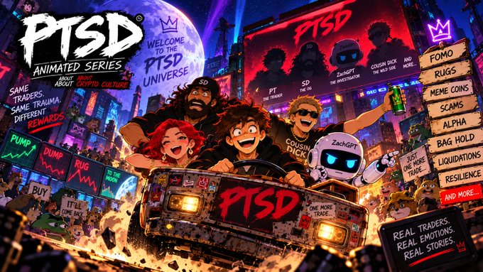 Promotional artwork for 'PTSD ANIMATED SERIES' featuring cartoon characters riding in a car with various trading terms like 'FOMO', 'RUGS', and 'MEME COINS' listed around them.