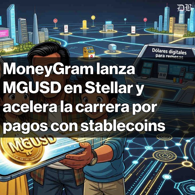 The image features an illustration of two people standing next to each other, with a cell phone placed between them. The background shows a cityscape filled with buildings and skyscrapers, creating a sense of urban environment. The text in the image reads "MoneyGram Lanza MGUSD en Stellar y acerla la carrera por ejerciclónicos pagos con stablos con ...", which is related to the post about money transfer services or digital currency.