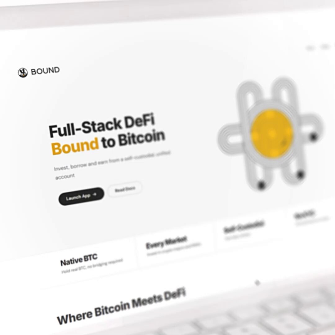 The image shows a computer screen displaying a website for Bound, which is an exchange that allows users to invest in Bitcoin directly through their browser. The website features a design with a yellow circle and a black line, representing Bitcoin symbols. The text on the website indicates that there is demand for DeFi direct to Bitcoin L1, suggesting that many people are interested in investing in Bitcoin using this method.
