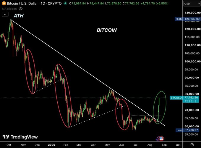 TradingView Bitcoin/U.S. Dollar (BTCUSD) 1D chart showing a descending wedge pattern with price around $77,762, up 6.55% (+$4,781.70).