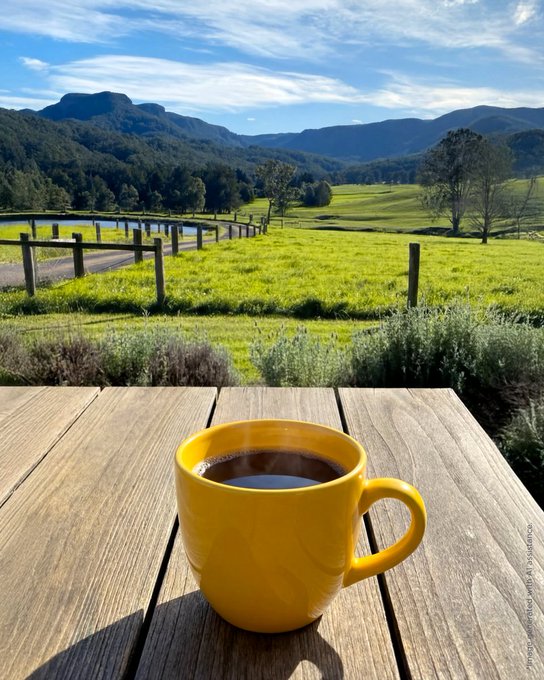 A bright yellow coffee mug sits on a weathered wooden table overlooking a serene countryside scene with rolling green pastures, a winding path, and distant blue mountains under a partly cloudy sky—perfectly setting the scene for a peaceful "Monday morning, here's a lucky GM to you!" greeting.