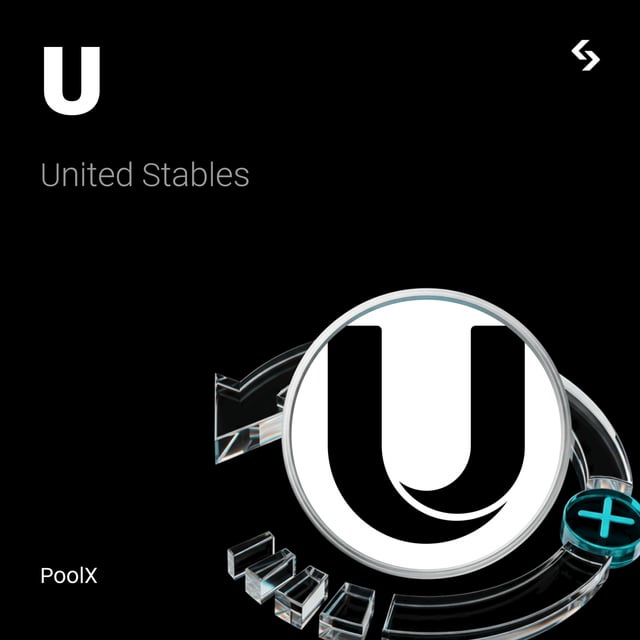 The image features a black background with white text that reads "United Stables" followed by a list of cryptocurrency names including "U" and "BTC", along with their respective values, such as 150,000 U for Bitcoin. The text also suggests that the user can get airdrops from PoolX.