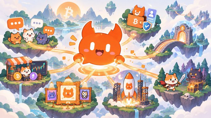 A whimsical illustration shows a large central orange cat character connecting via glowing pathways to floating islands featuring Bitcoin symbols, rocket launches, cat NFT artwork displays, a marketplace with "B" coins, a guardian cat with a sword and treasure chest, and a shield-secured chat icon—visually representing the comprehensive crypto infrastructure of wallets, DEXs, bridges, NFT marketplaces, and games mentioned in the post, while also hinting at the uncharted territory of social platforms that the accompanying text argues should be built upon this foundation.