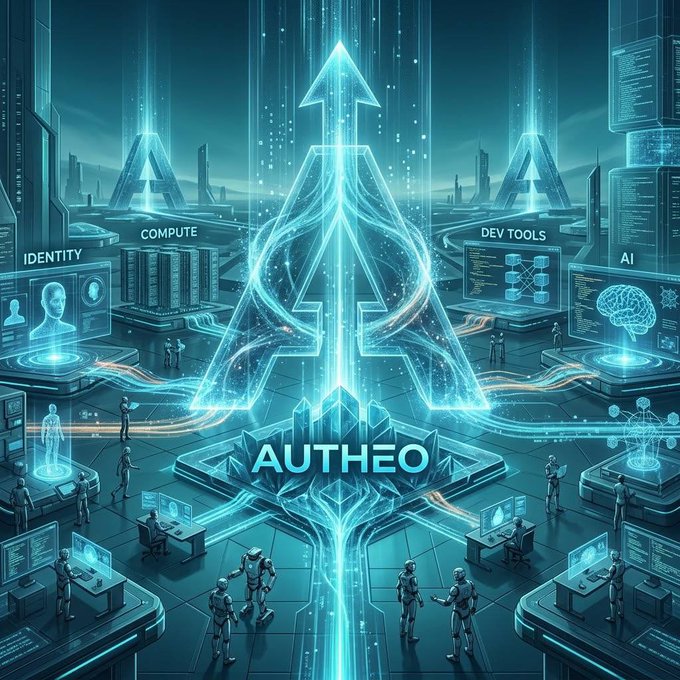 A futuristic digital illustration depicts a glowing blue 'AUTHEO' logo shaped like an arrow with a circuit-like brain design, surrounded by high-tech stations labeled 'IDENTITY', 'COMPUTE', 'DEV TOOLS', and 'AI'.