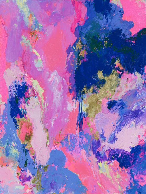 A vibrant abstract painting featuring expressive brushstrokes in bold pinks, blues, purples, and metallic gold accents flows across the canvas. As the first edition of "Glimmer of Hope," this artwork visually embodies the title through its radiant, hopeful bursts of color that pierce through deeper, moodier tones.
