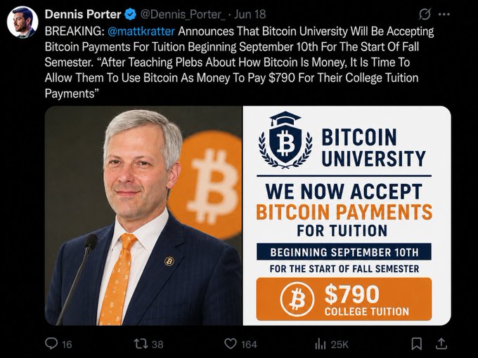 A tweet from Dennis Porter (@Dennis_Porter_) announcing that Bitcoin University will accept Bitcoin tuition payments beginning September 10th at $790 per college tuition.