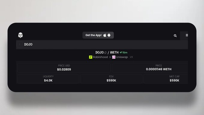 A cryptocurrency price tracking interface showing "DOJO/WETH" with a price of $0.02809 USD, FDV of $590K, and MKT CAP of $590K, listing availability on Robinhood and Uniswap V3.