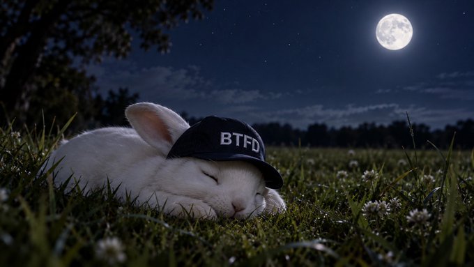 A sleeping white lamb wearing a black cap labeled 'BTFD' rests in a grassy field under a starry night sky with a full moon.
