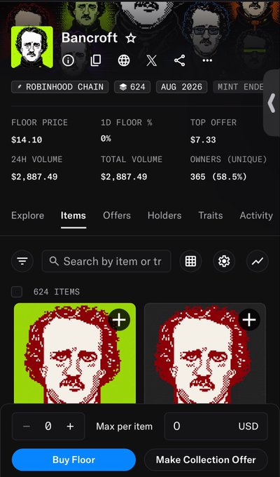 NFT marketplace interface displaying the 'Bancroft' collection on Robinhood Chain with 624 items, a floor price of $14.10, and two pixelated red and white portrait avatars available for purchase.