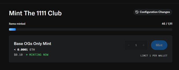 The image shows a minting page for "The 1111 Club" with 46/1,111 items already minted, priced at <0.0001 ETH with a "Base OGs Only Mint" restriction limited to 1 per wallet. This aligns with the post's announcement of an allowlist for Base OGs who spent >0.011 ETH on Base gas fees, filtering out bots and farmers from the 23k qualifying wallets.