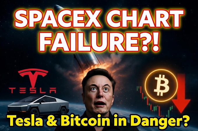 A YouTube thumbnail-style image with bold text reading 'SPACEX CHART FAILURE?!' and 'Tesla & Bitcoin in Danger?', featuring the Tesla logo, a Cybertruck, Elon Musk with an exaggerated expression, a Bitcoin symbol with a downward red arrow, and a falling stock chart.